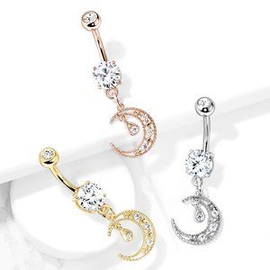 NEW! Cubic Zirconia Paved Crescent Dangle Round Belly Rings Set of 3
